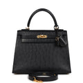 Hermes Kelly Sellier 25 Black Ostrich Gold Hardware