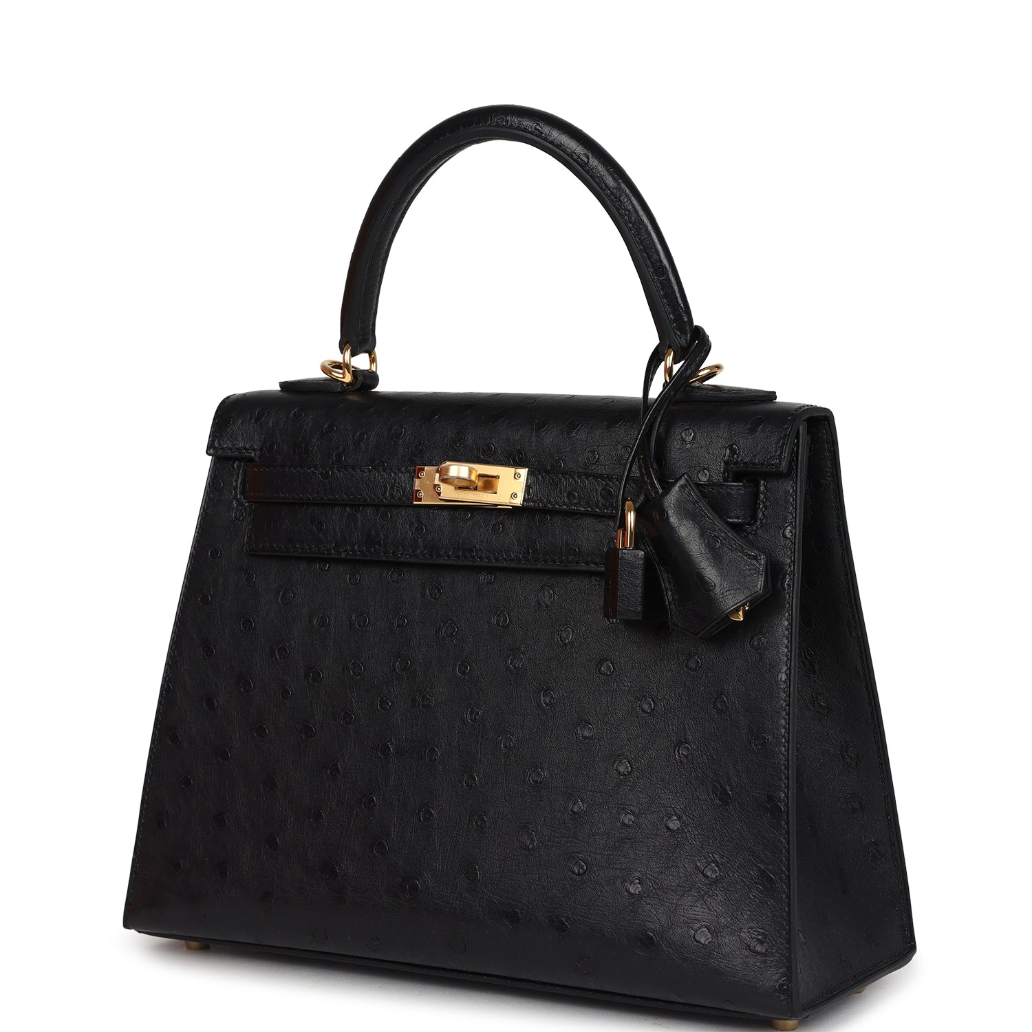 Hermes Kelly Sellier 25 Black Ostrich Gold Hardware
