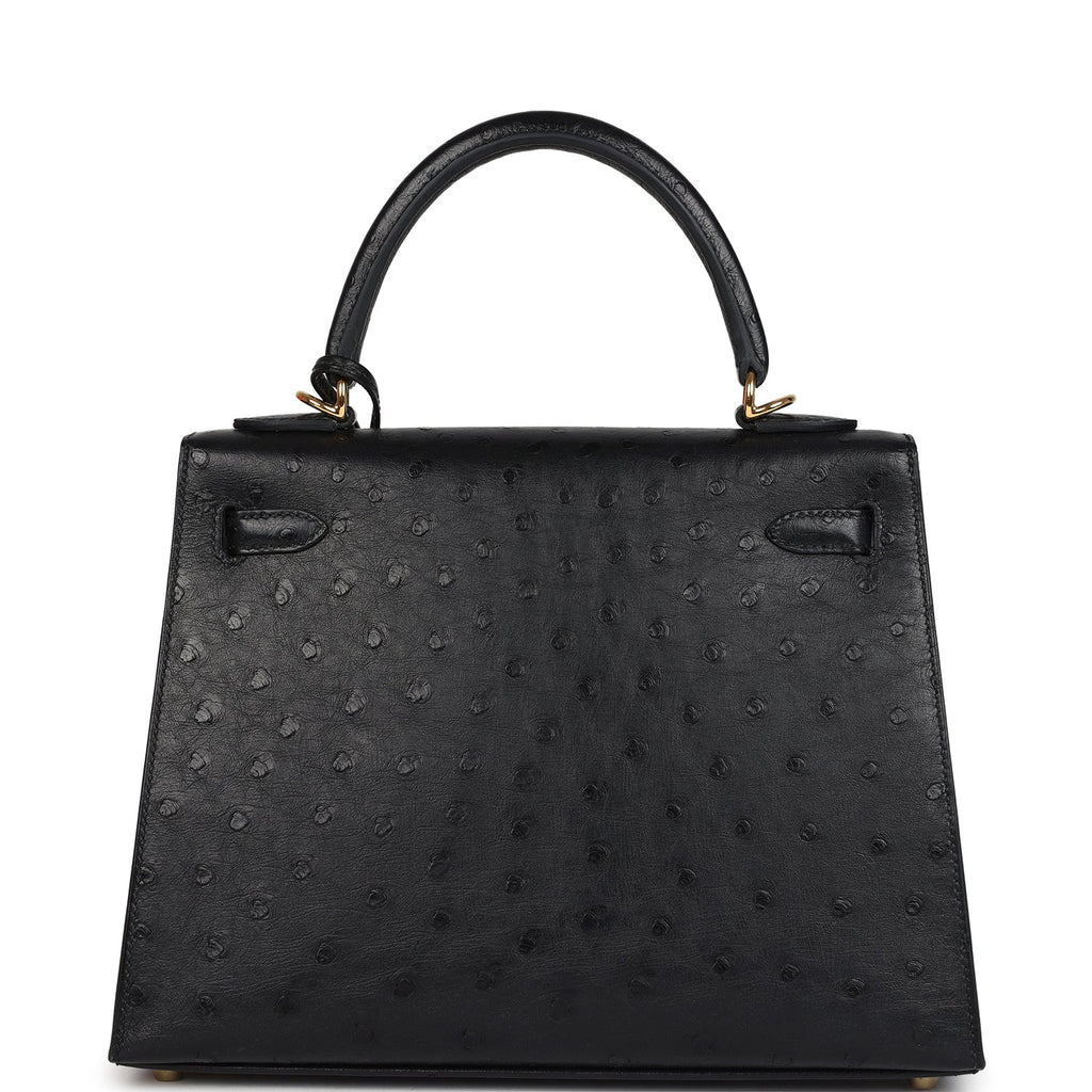 Hermes Kelly Sellier 25 Black Ostrich Gold Hardware