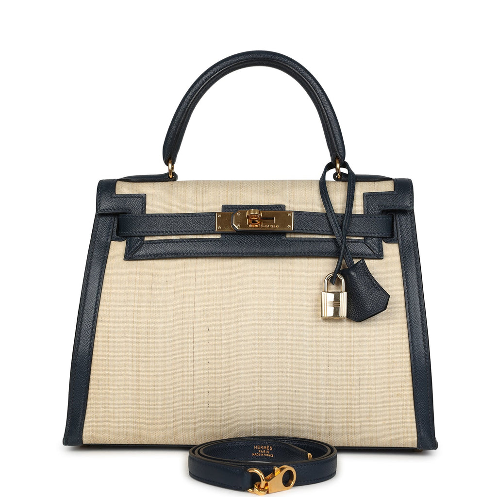 New Hermes Kelly Sellier 28 Bleu Marine Courchevel and Ecru Crinoline Gold Hardware