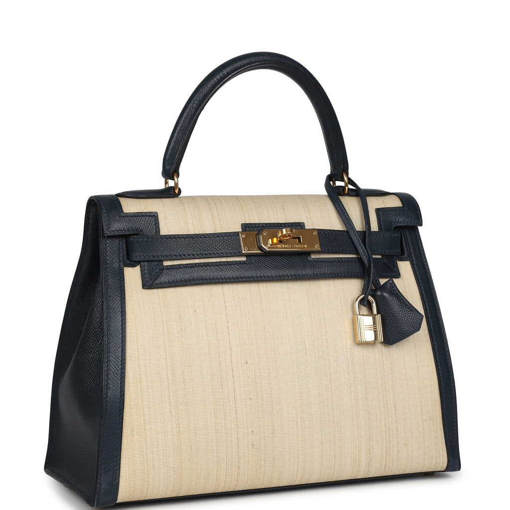 New Hermes Kelly Sellier 28 Bleu Marine Courchevel and Ecru Crinoline Gold Hardware