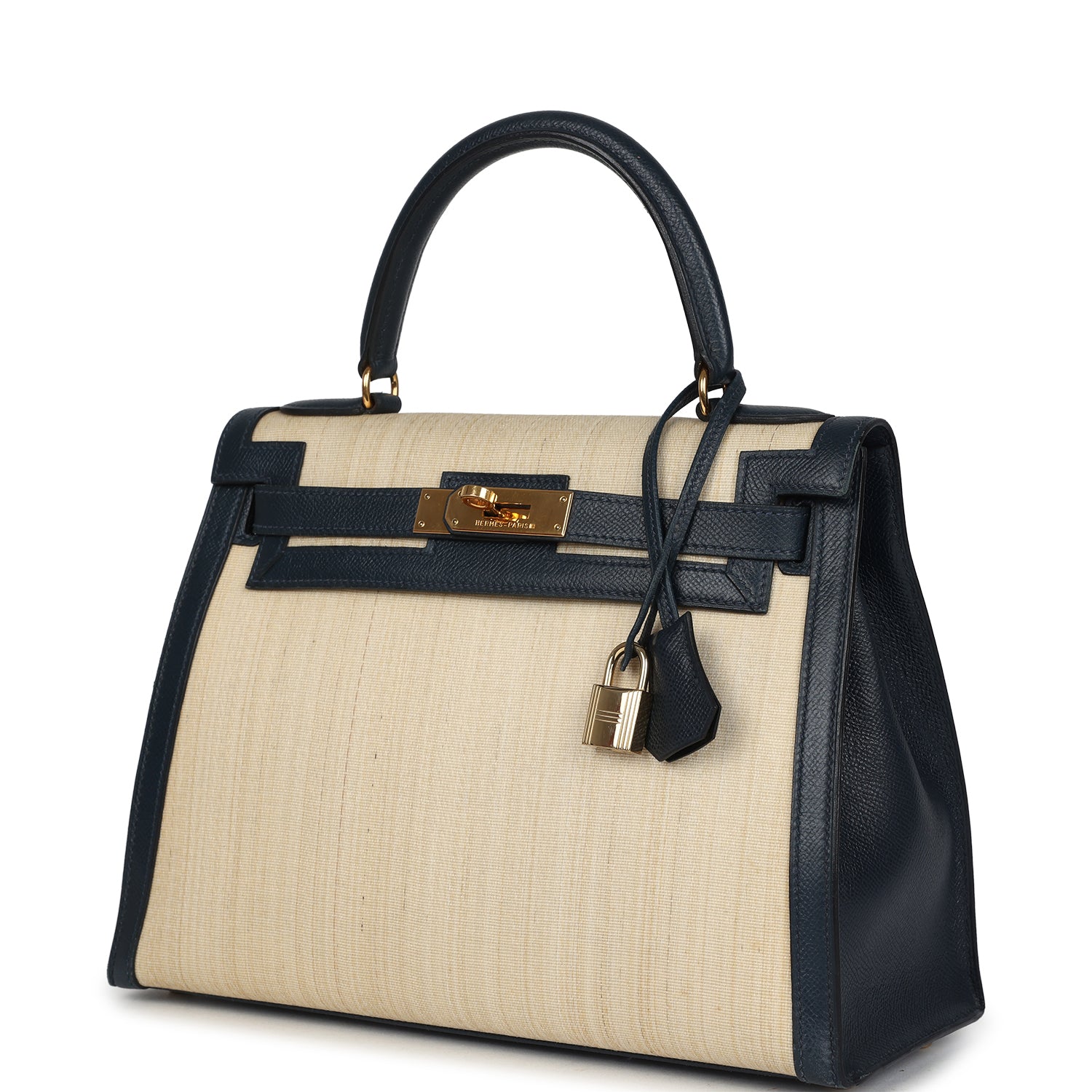 New Hermes Kelly Sellier 28 Bleu Marine Courchevel and Ecru Crinoline Gold Hardware