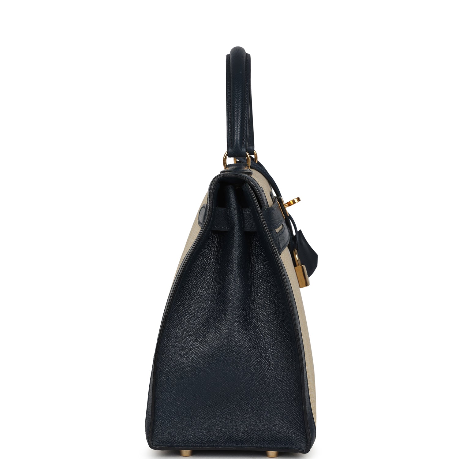 New Hermes Kelly Sellier 28 Bleu Marine Courchevel and Ecru Crinoline Gold Hardware