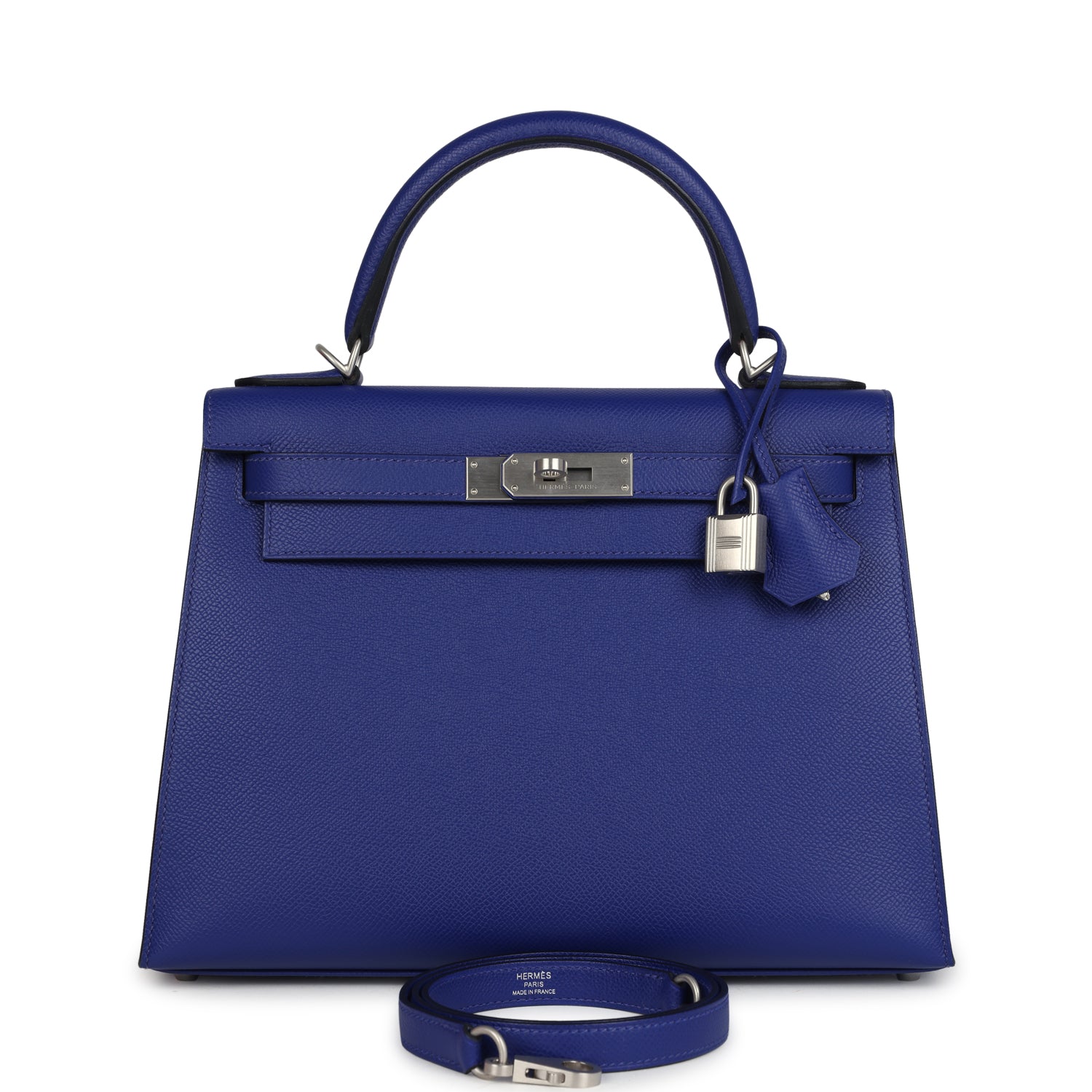 Pre-owned Hermes Kelly Sellier 28 Bleu Electric Epsom Brushed Palladium Hardware