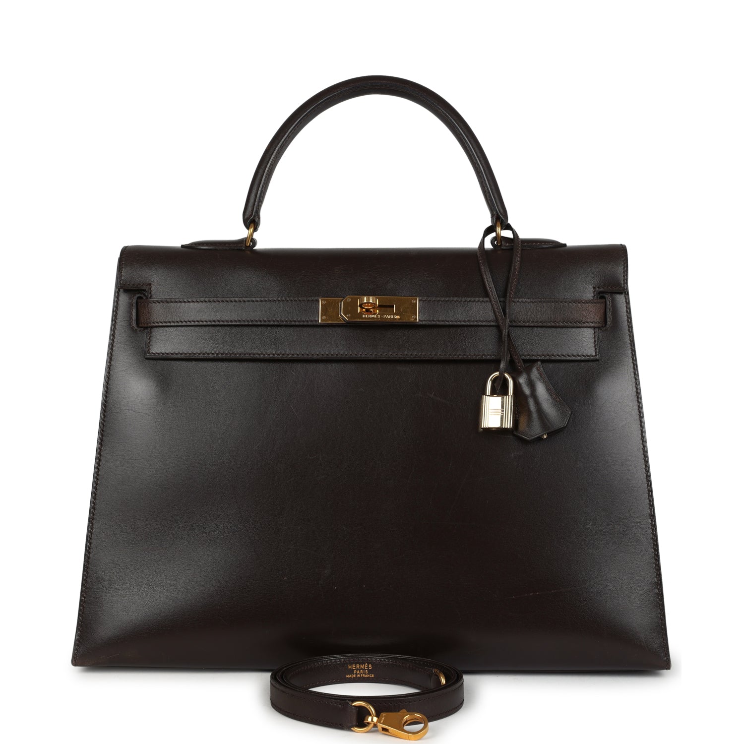 New Hermes Kelly Sellier 35 Marron Fonce Box Gold Hardware