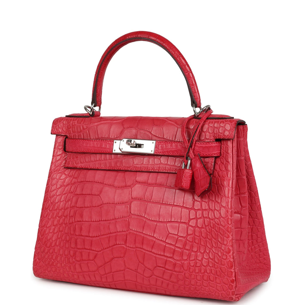 Pre-owned Hermes Kelly Retourne 28 Rose Extreme Matte Alligator Palladium Hardware