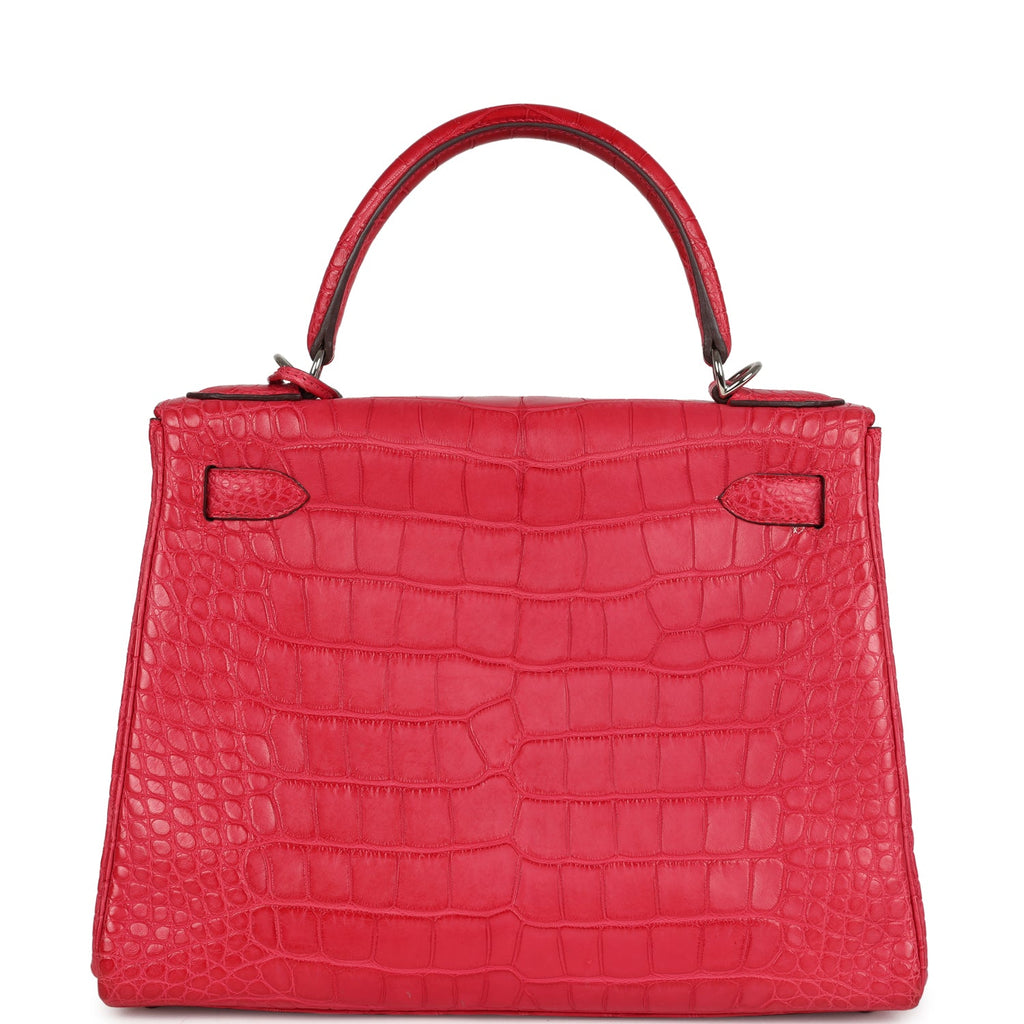 Pre-owned Hermes Kelly Retourne 28 Rose Extreme Matte Alligator Palladium Hardware