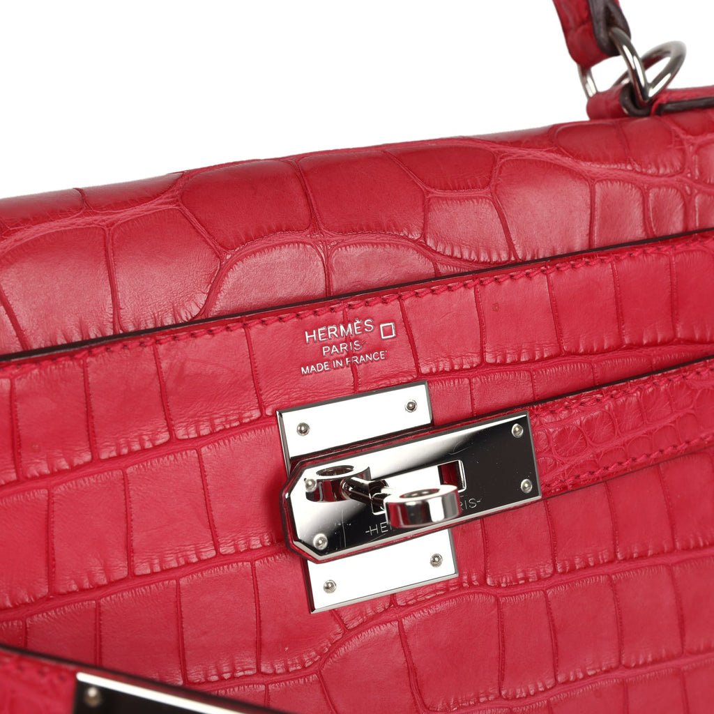 Pre-owned Hermes Kelly Retourne 28 Rose Extreme Matte Alligator Palladium Hardware