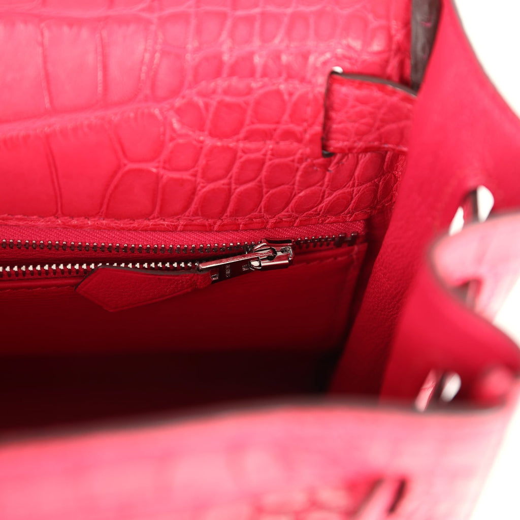 Pre-owned Hermes Kelly Retourne 28 Rose Extreme Matte Alligator Palladium Hardware