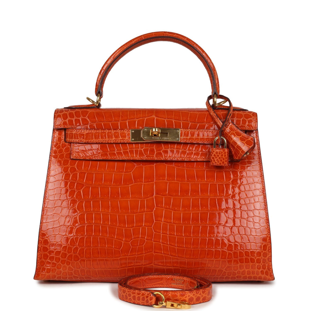 New Hermes Kelly Sellier 28 Orange Shiny Porous Crocodile Gold Hardware