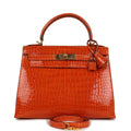 New Hermes Kelly Sellier 28 Orange Shiny Porous Crocodile Gold Hardware