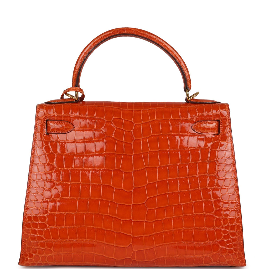 New Hermes Kelly Sellier 28 Orange Shiny Porous Crocodile Gold Hardware