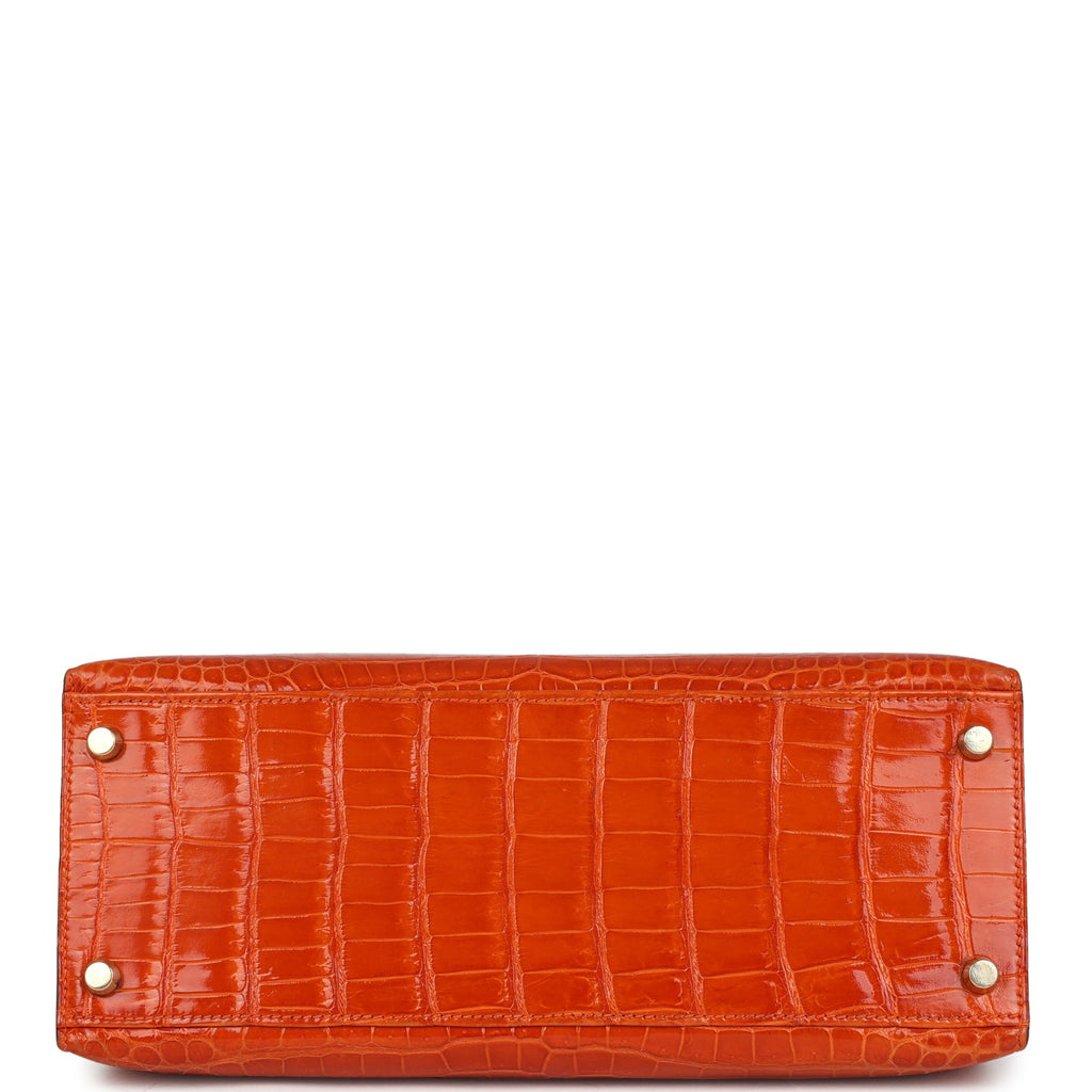 New Hermes Kelly Sellier 28 Orange Shiny Porous Crocodile Gold Hardware