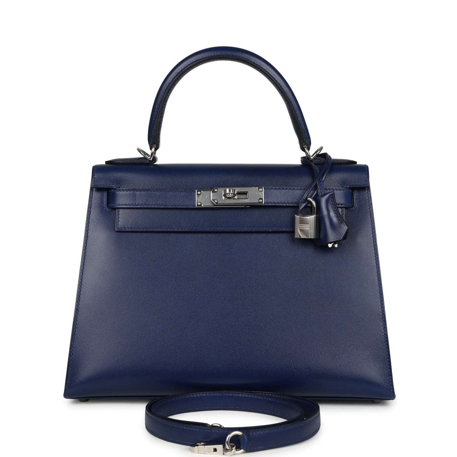 Pre-owned Hermes Kelly Sellier 28 Bleu Saphir Box Palladium Hardware