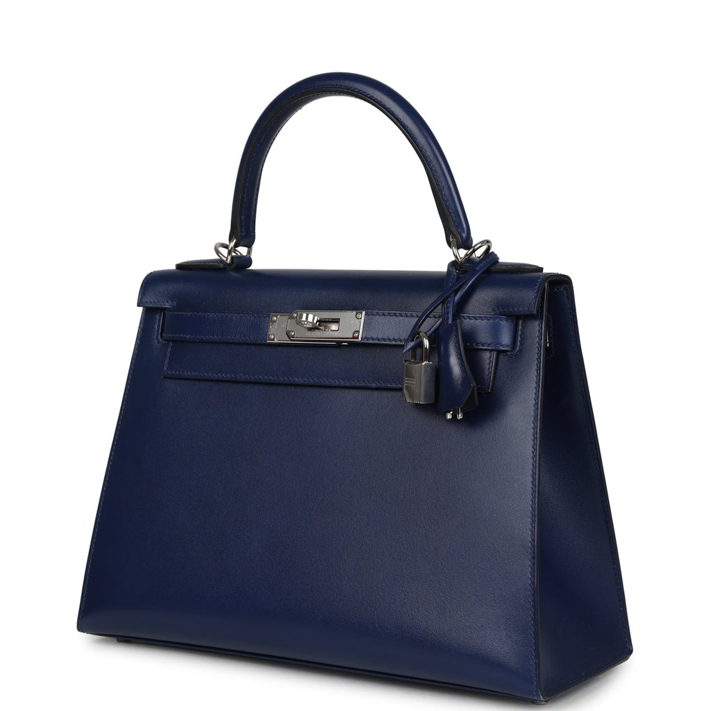 Pre-owned Hermes Kelly Sellier 28 Bleu Saphir Box Palladium Hardware