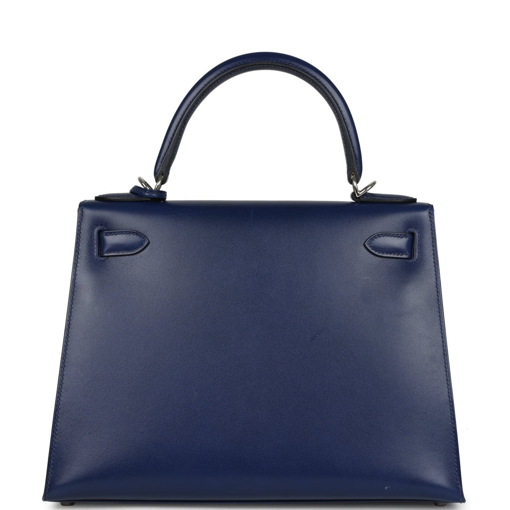 Pre-owned Hermes Kelly Sellier 28 Bleu Saphir Box Palladium Hardware