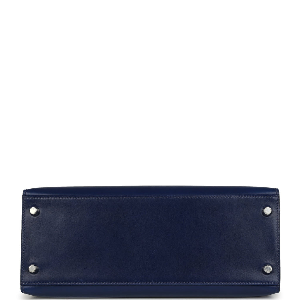 Pre-owned Hermes Kelly Sellier 28 Bleu Saphir Box Palladium Hardware