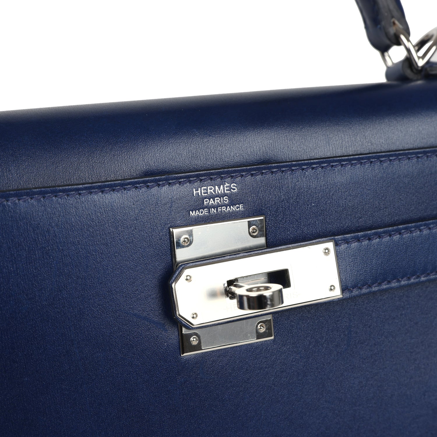 Pre-owned Hermes Kelly Sellier 28 Bleu Saphir Box Palladium Hardware