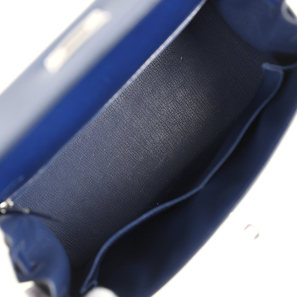 Pre-owned Hermes Kelly Sellier 28 Bleu Saphir Box Palladium Hardware