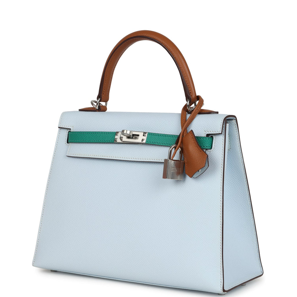 Hermes Kelly Sellier 25 Tri-Color Bleu Brume, Gold and Vert Jade Epsom Epsom Palladium Hardware