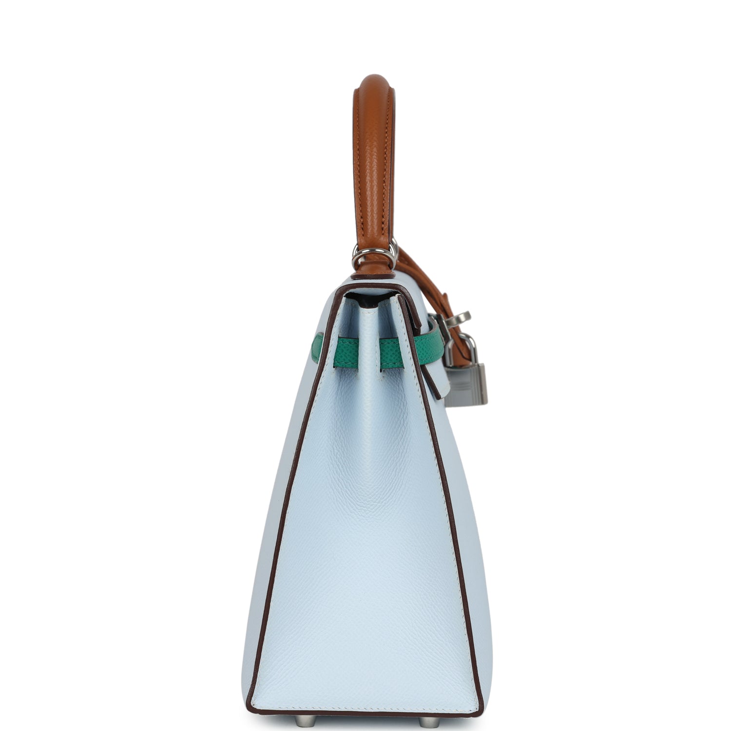 Hermes Kelly Sellier 25 Tri-Color Bleu Brume, Gold and Vert Jade Epsom Epsom Palladium Hardware