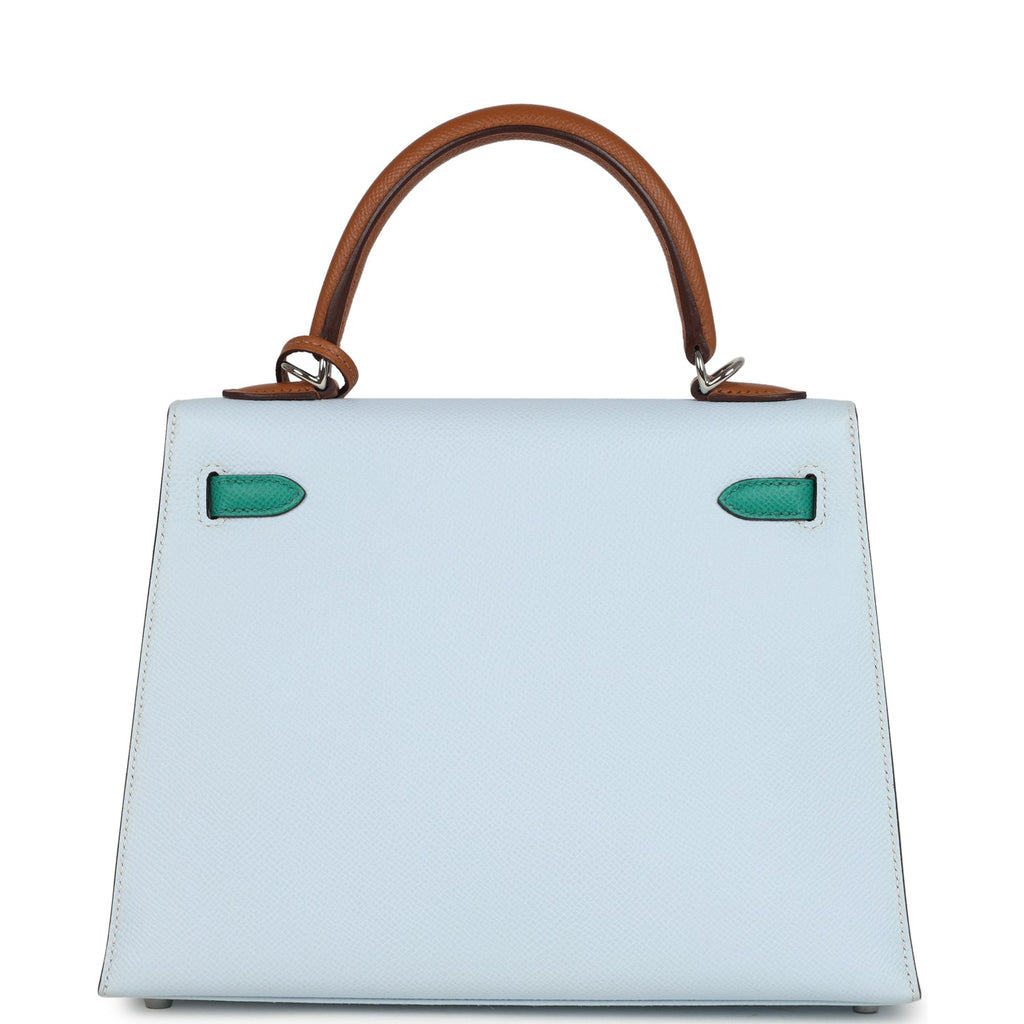 Hermes Kelly Sellier 25 Tri-Color Bleu Brume, Gold and Vert Jade Epsom Epsom Palladium Hardware
