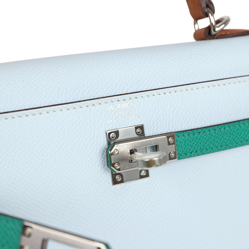 Hermes Kelly Sellier 25 Tri-Color Bleu Brume, Gold and Vert Jade Epsom Epsom Palladium Hardware