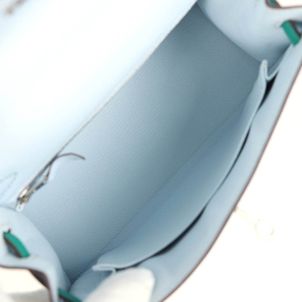 Hermes Kelly Sellier 25 Tri-Color Bleu Brume, Gold and Vert Jade Epsom Epsom Palladium Hardware