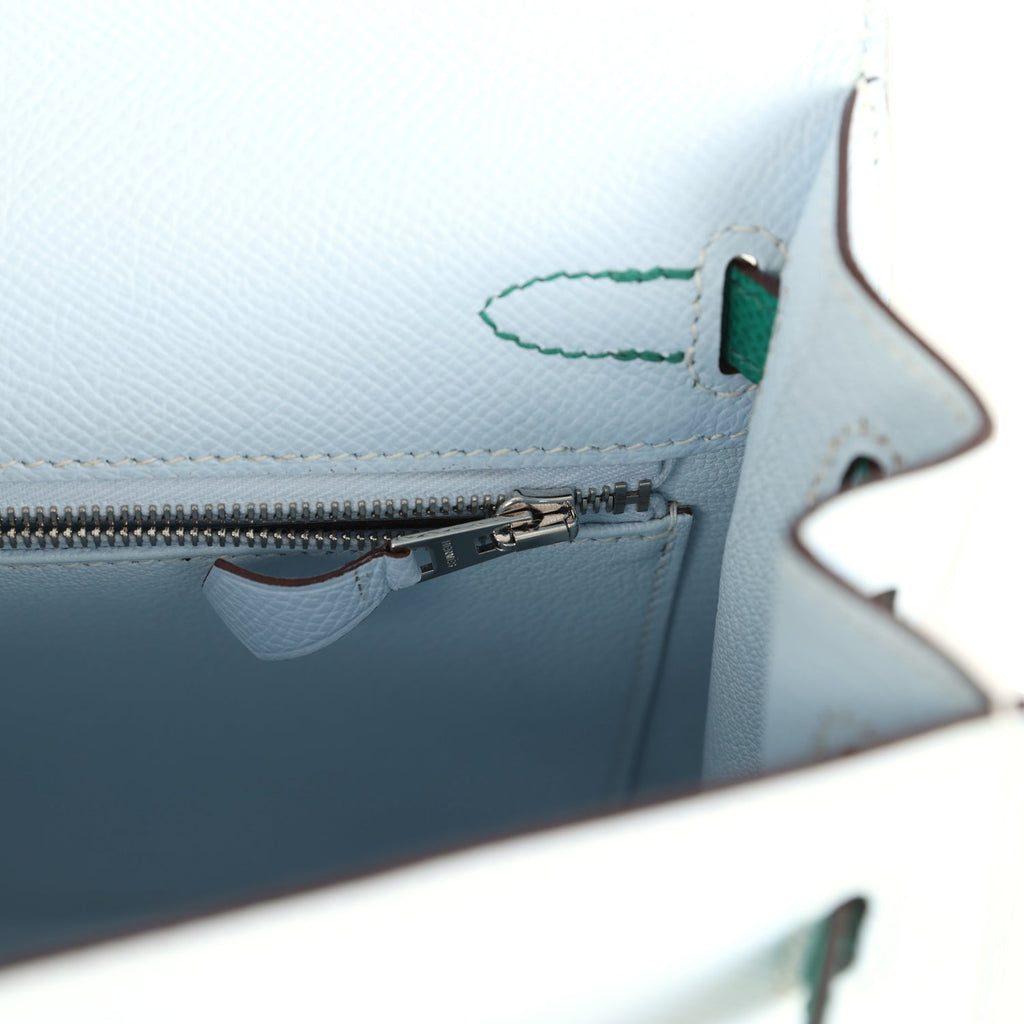Hermes Kelly Sellier 25 Tri-Color Bleu Brume, Gold and Vert Jade Epsom Epsom Palladium Hardware