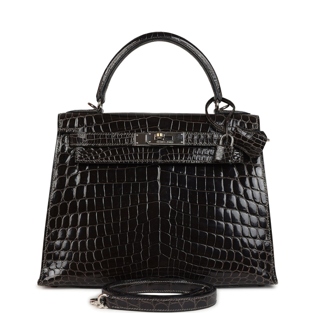 New Hermes Kelly Sellier 28 Gris Fonce Shiny Niloticus Crocodile Palladium Hardware