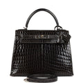 New Hermes Kelly Sellier 28 Gris Fonce Shiny Niloticus Crocodile Palladium Hardware