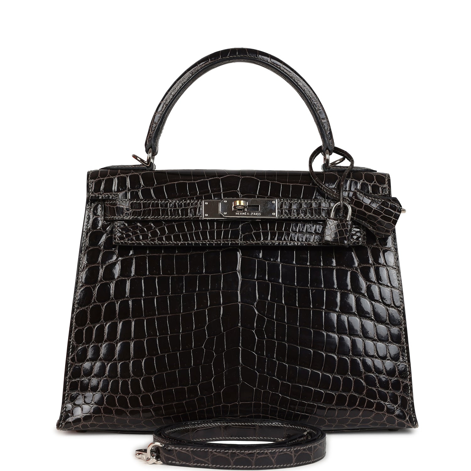 New Hermes Kelly Sellier 28 Gris Fonce Shiny Niloticus Crocodile Palladium Hardware