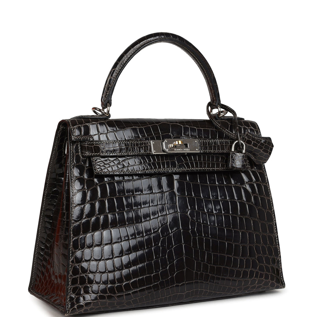 New Hermes Kelly Sellier 28 Gris Fonce Shiny Niloticus Crocodile Palladium Hardware