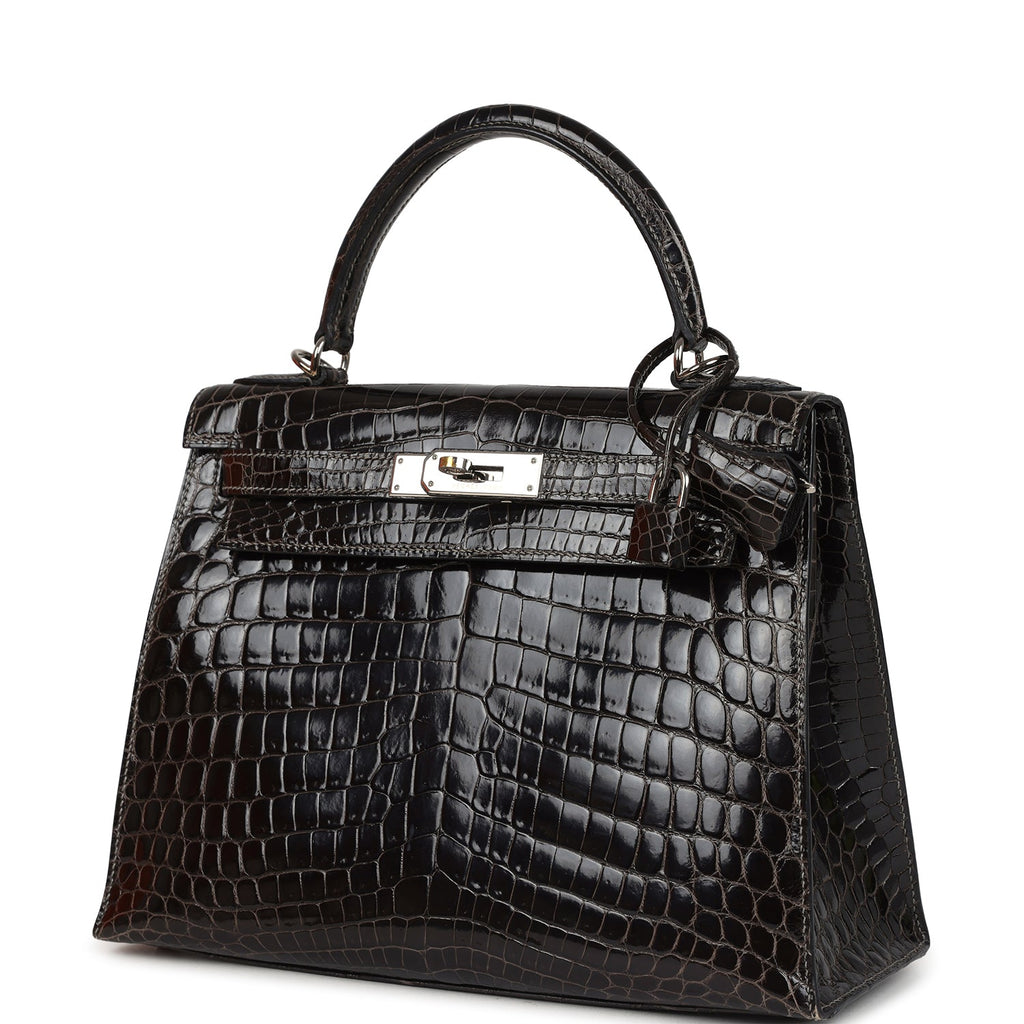 New Hermes Kelly Sellier 28 Gris Fonce Shiny Niloticus Crocodile Palladium Hardware