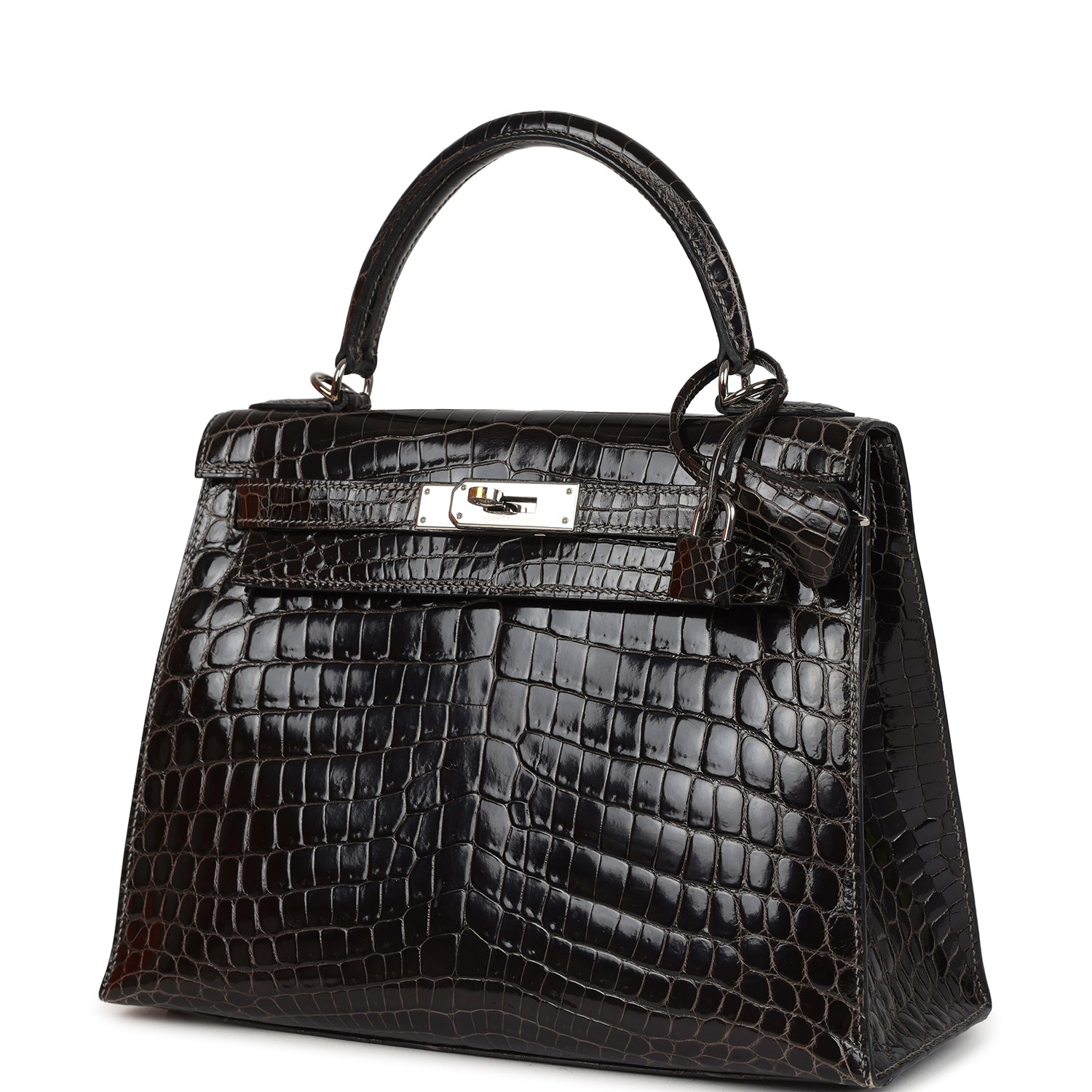 New Hermes Kelly Sellier 28 Gris Fonce Shiny Niloticus Crocodile Palladium Hardware