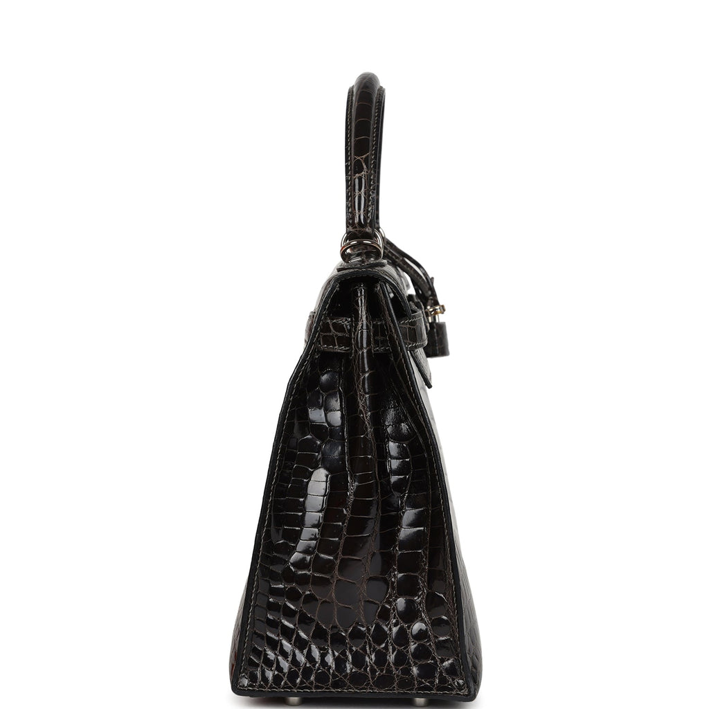 New Hermes Kelly Sellier 28 Gris Fonce Shiny Niloticus Crocodile Palladium Hardware