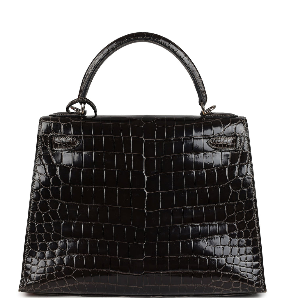 New Hermes Kelly Sellier 28 Gris Fonce Shiny Niloticus Crocodile Palladium Hardware
