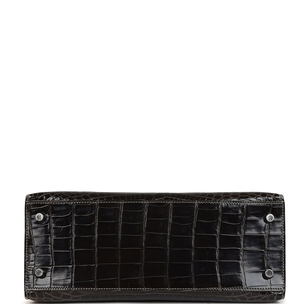 New Hermes Kelly Sellier 28 Gris Fonce Shiny Niloticus Crocodile Palladium Hardware