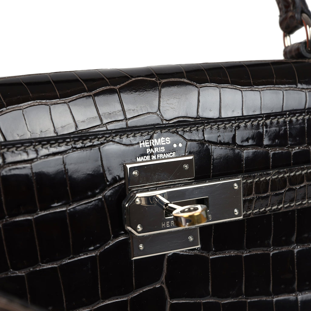 New Hermes Kelly Sellier 28 Gris Fonce Shiny Niloticus Crocodile Palladium Hardware