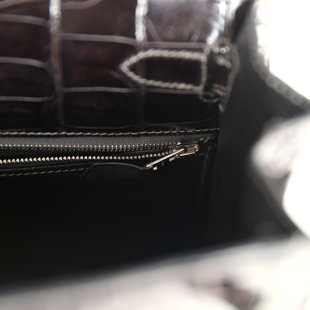 New Hermes Kelly Sellier 28 Gris Fonce Shiny Niloticus Crocodile Palladium Hardware