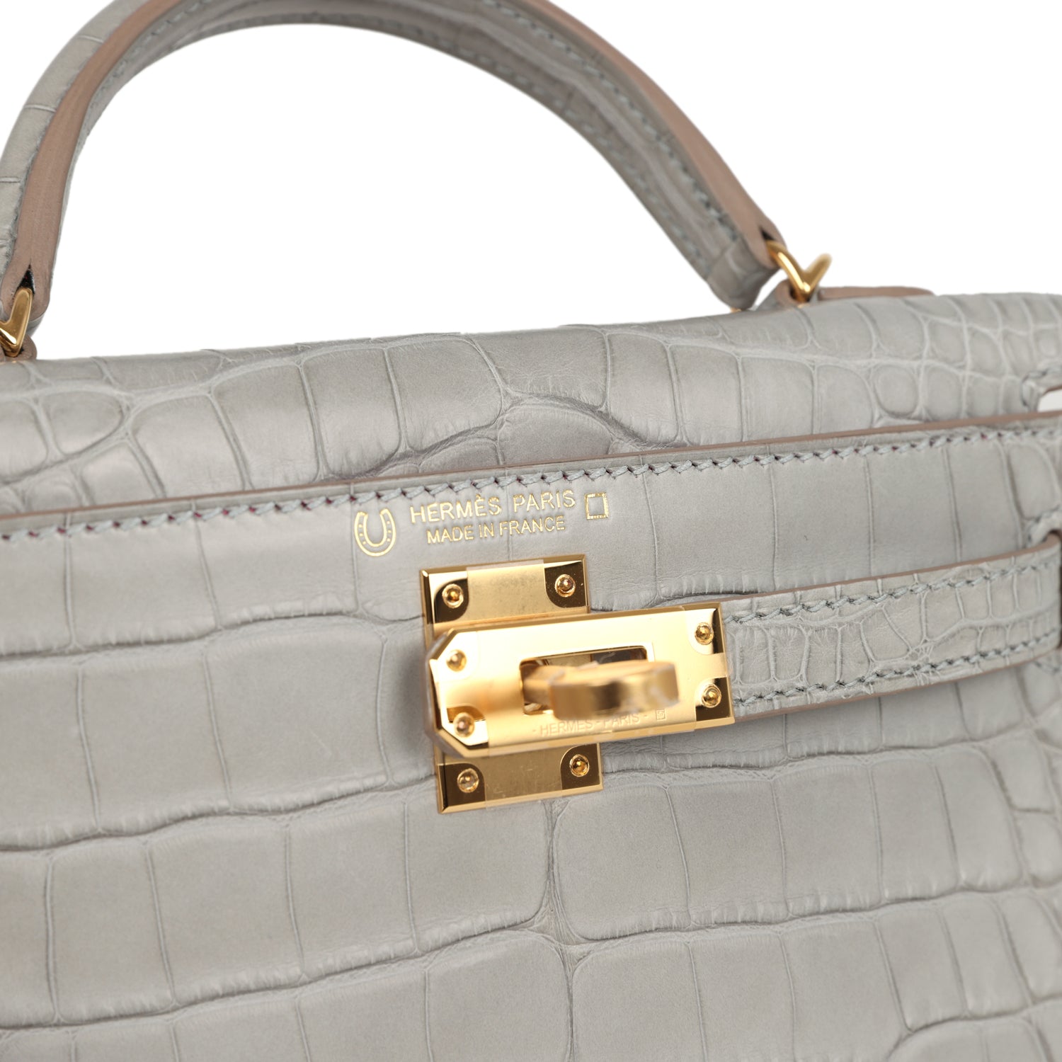 Hermes Special Order (HSS) Kelly Sellier 20 Gris Perle Verso Matte Alligator Gold Hardware