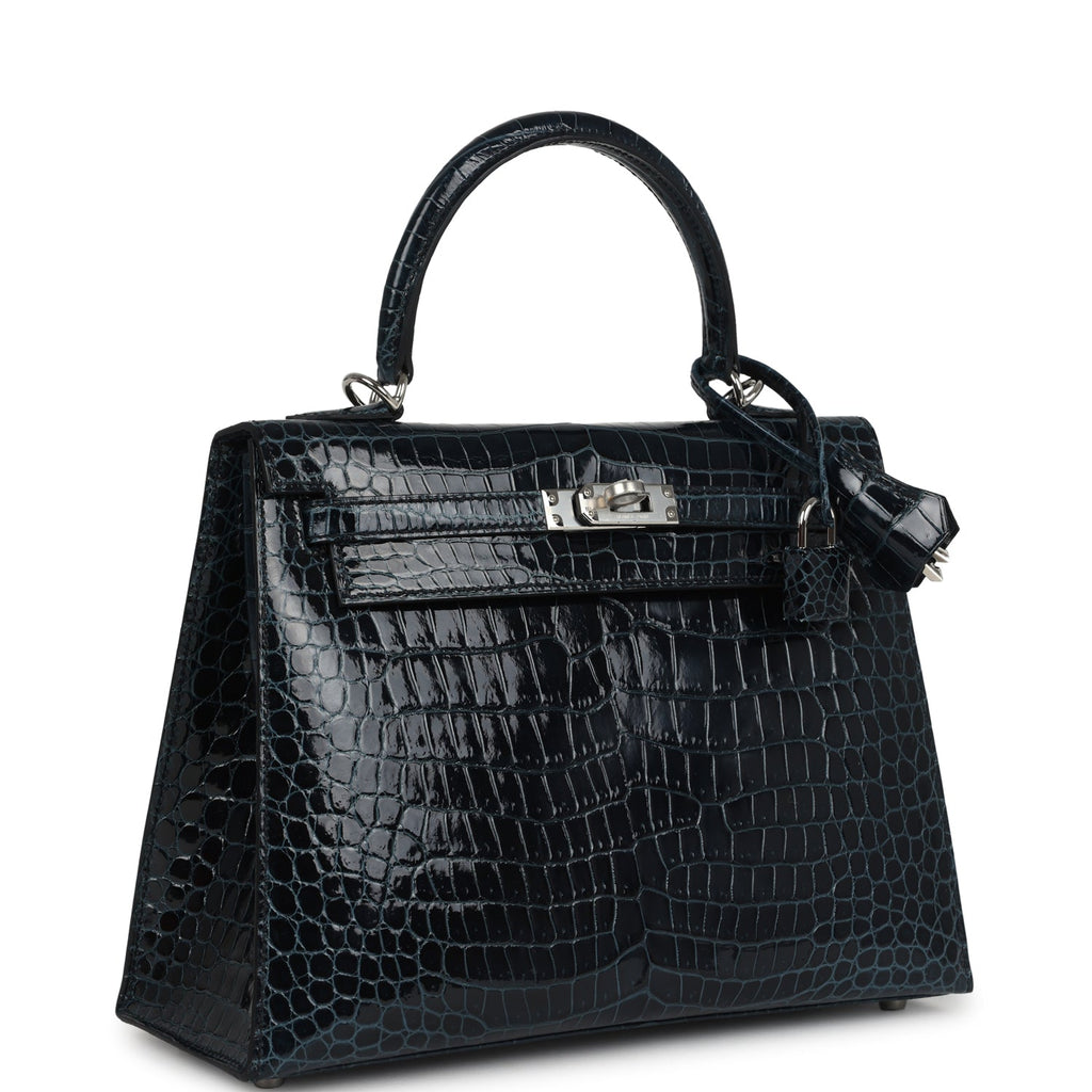 Hermes Kelly Sellier 25 Vert Rousseau Shiny Porosus Crocodile Palladium Hardware