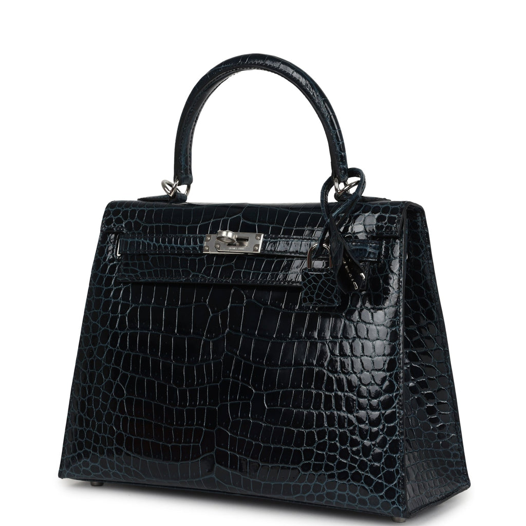Hermes Kelly Sellier 25 Vert Rousseau Shiny Porosus Crocodile Palladium Hardware