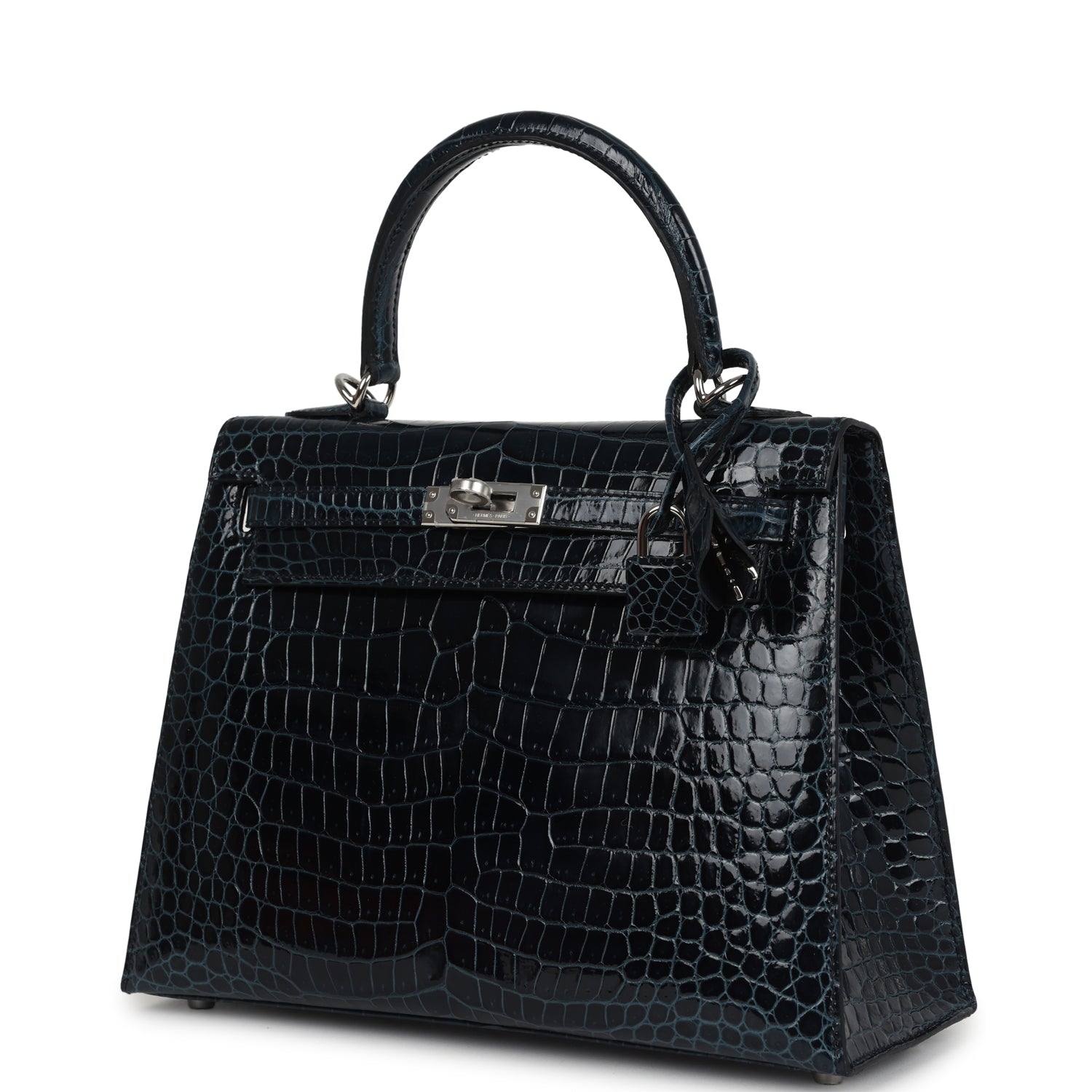 Hermes Kelly Sellier 25 Vert Rousseau Shiny Porosus Crocodile Palladium Hardware