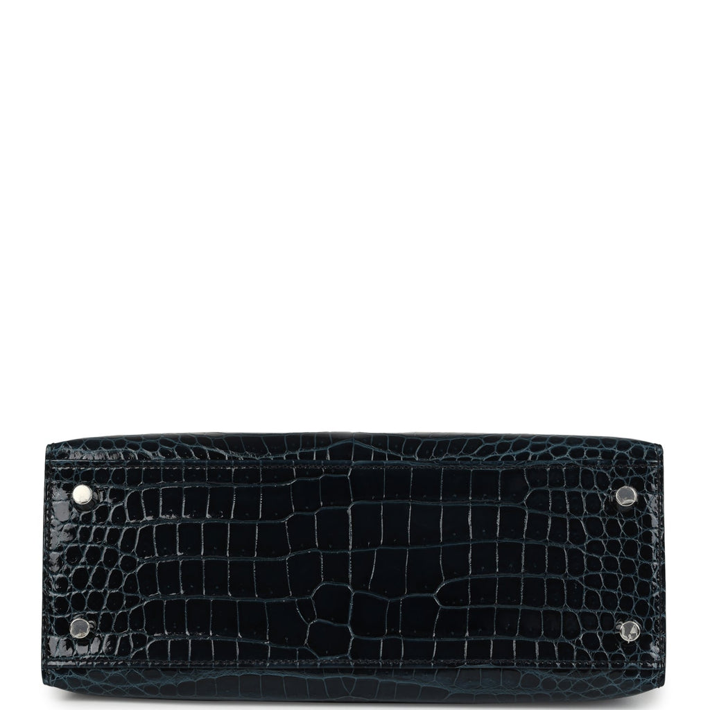 Hermes Kelly Sellier 25 Vert Rousseau Shiny Porosus Crocodile Palladium Hardware