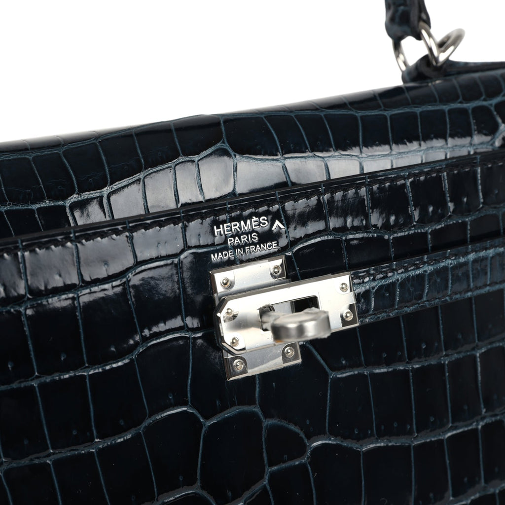 Hermes Kelly Sellier 25 Vert Rousseau Shiny Porosus Crocodile Palladium Hardware