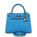 Pre-owned Hermes Kelly Sellier 25 Bleu Zanzibar Epsom Gold Hardware
