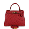 Pre-owned Hermes Kelly Sellier 28 Rouge Vif Ostrich Gold Hardware