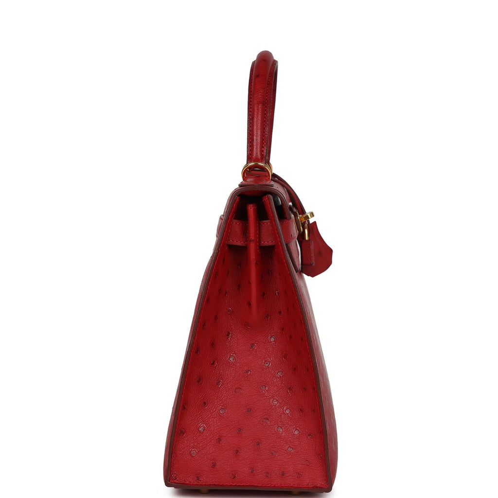 Pre-owned Hermes Kelly Sellier 28 Rouge Vif Ostrich Gold Hardware