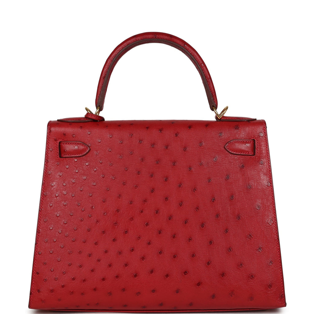 Pre-owned Hermes Kelly Sellier 28 Rouge Vif Ostrich Gold Hardware